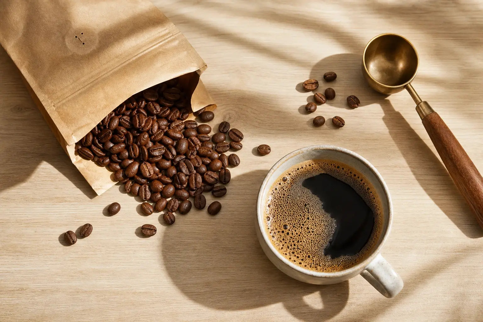 Freshly roasted coffee beans and a cup of coffee